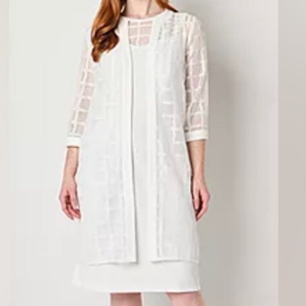 Maya Brooke Windowpane Sheer White Mesh Open Front Cottagecore Duster Size 14